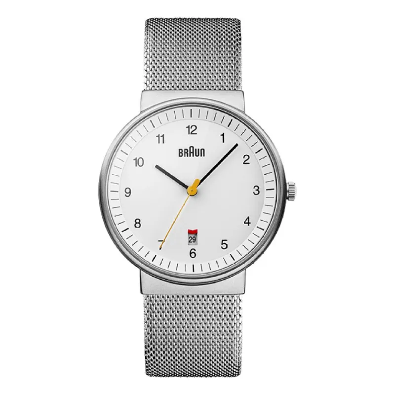 BN0032 Braun gents classic watch - white dial and silver mesh bracelet made by Braun
