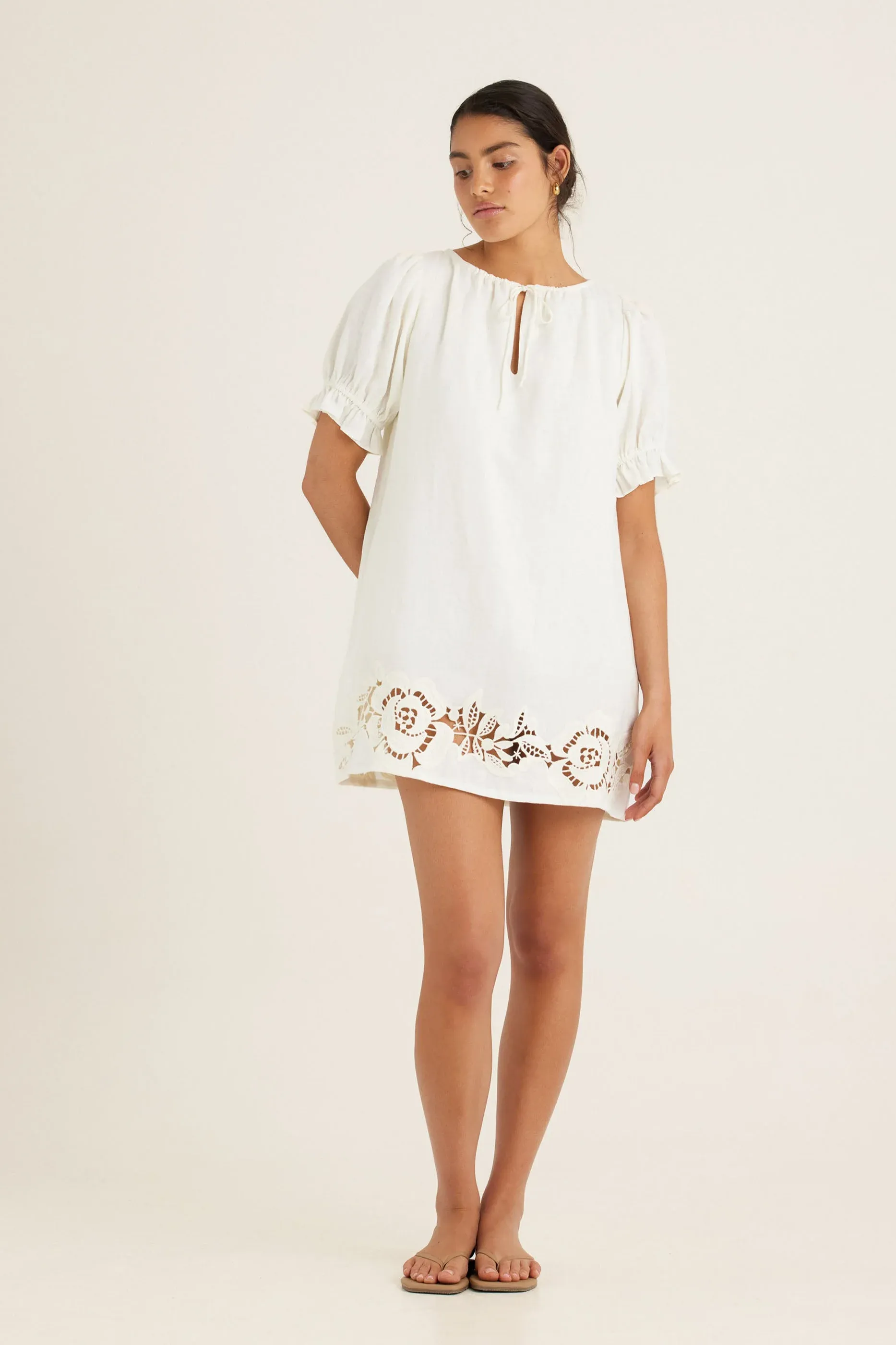 Peony Embroidered Poets Mini Dress - Gardenia sold by Soleil Blue