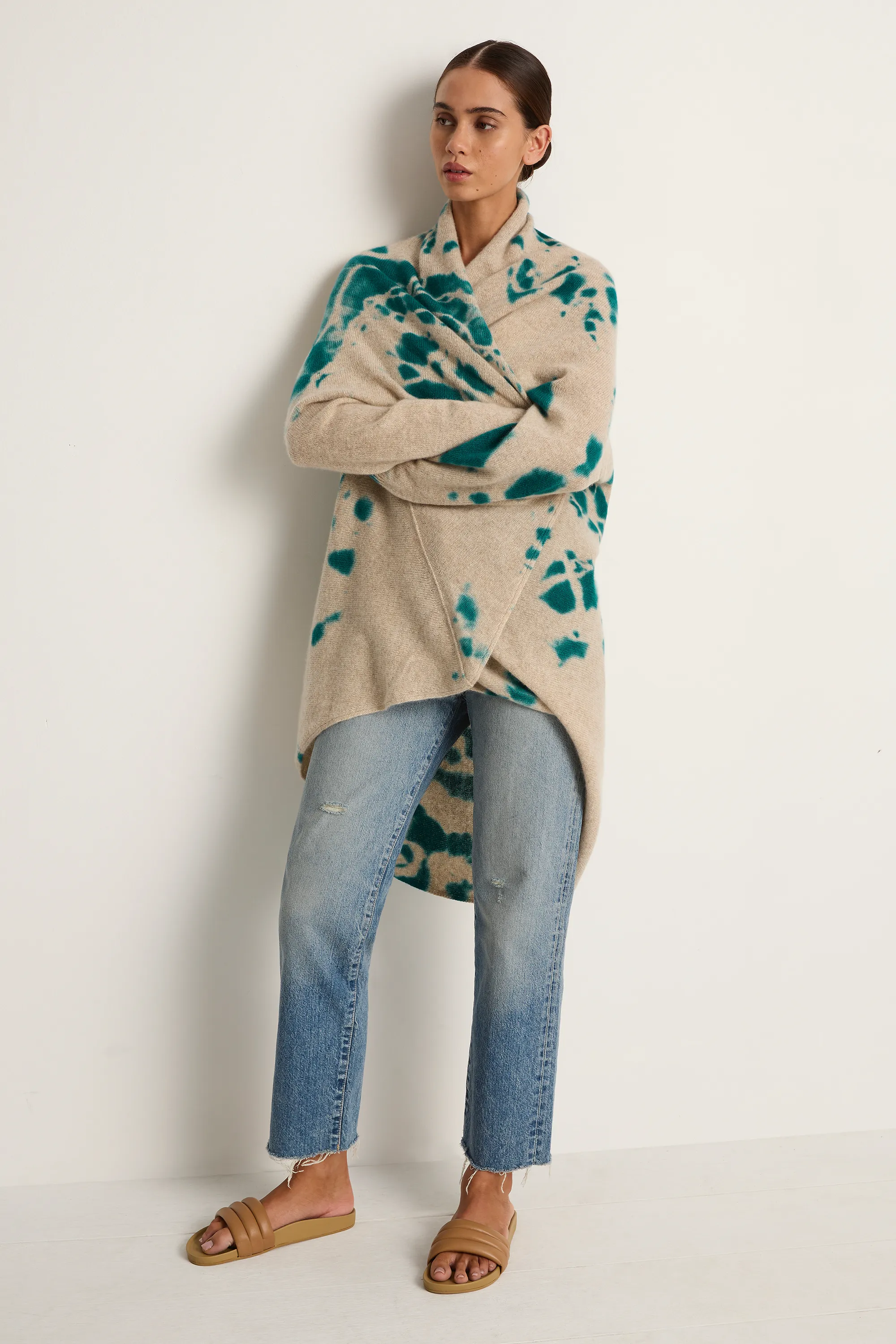 Suzusan Cashmere Seamless Upside Down Cape - Madara Shibori Dark Teal / Sand sold by Soleil Blue product image thumbnail 3
