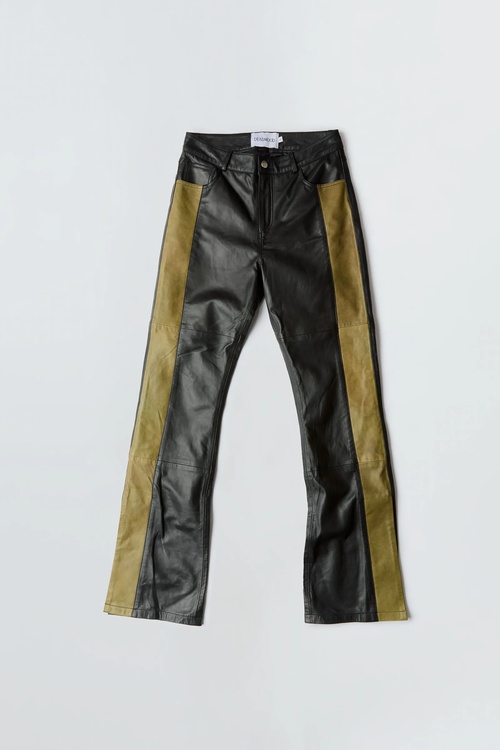 Prance Black Leather Pants Olive Panels sold by Deadwood Studios