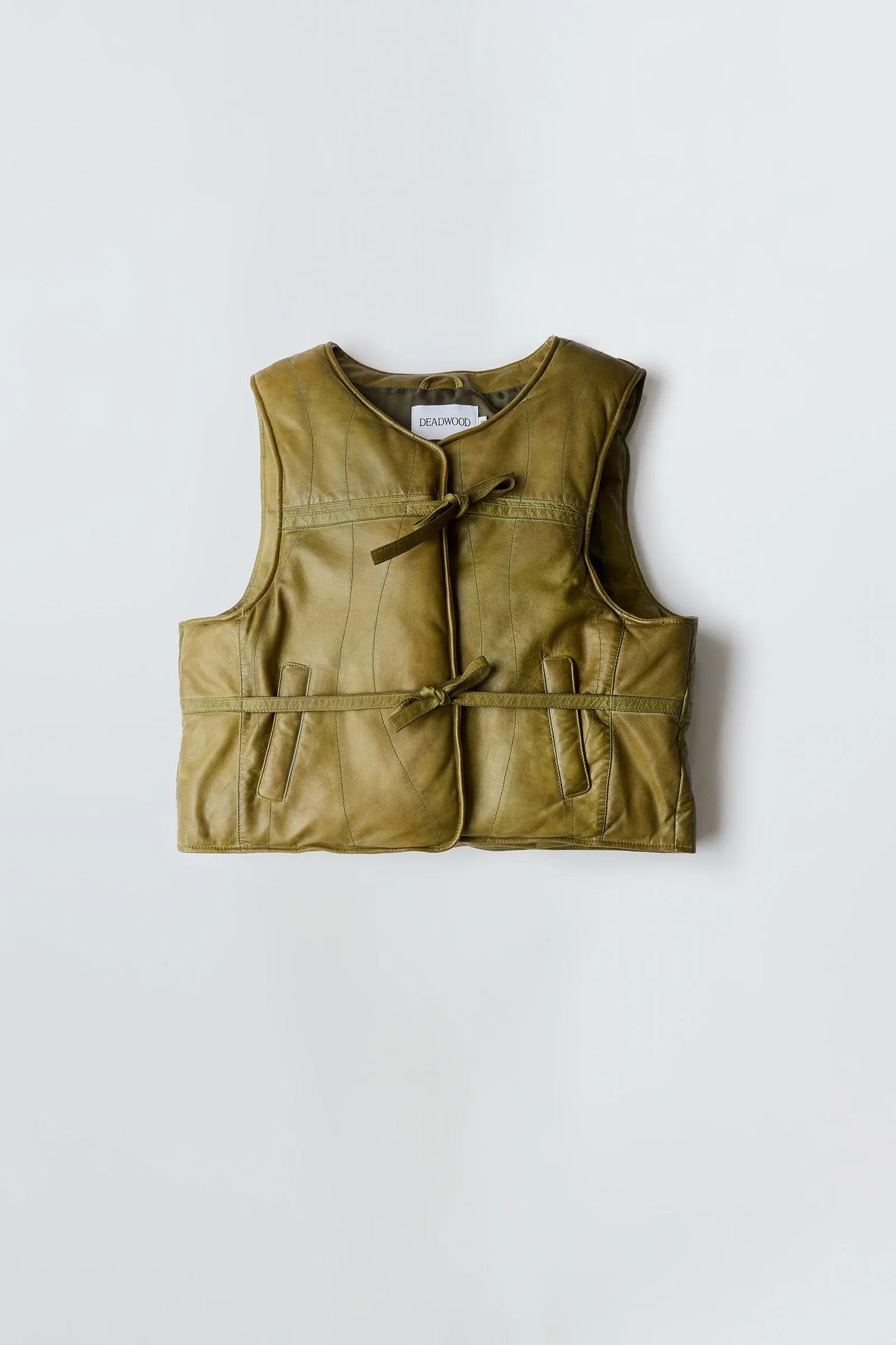 Float Olive Hand-dyed Padded Leather Vest sold by Deadwood Studios