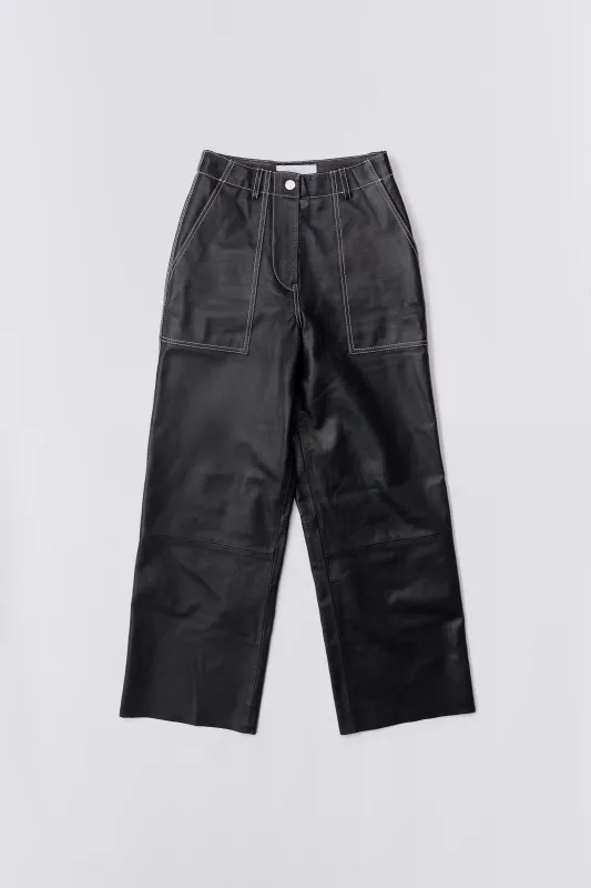Presley Black Leather Pants White Stitch sold by Deadwood Studios