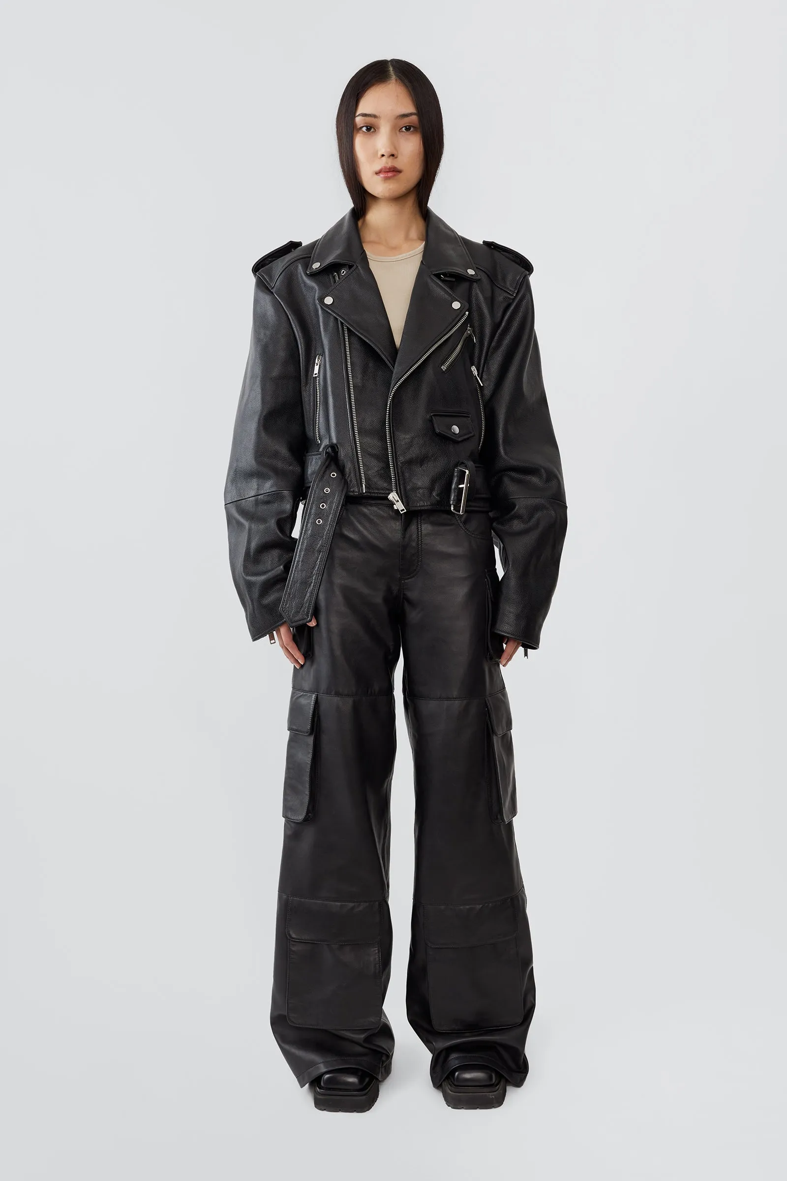 Dormi Oversized Black Leather Biker Jacket sold by Deadwood Studios