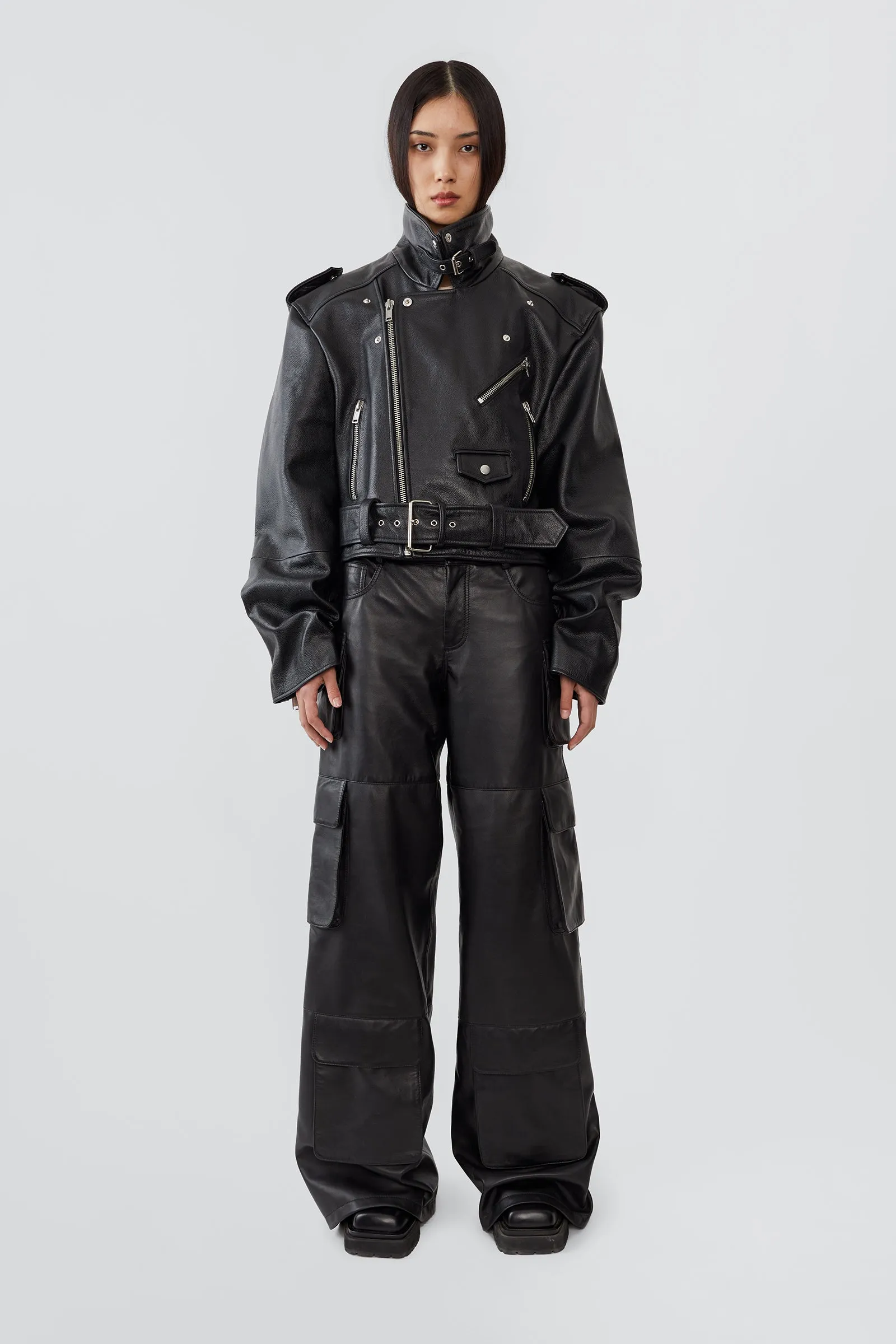 Dormi Oversized Black Leather Biker Jacket sold by Deadwood Studios product image thumbnail 2