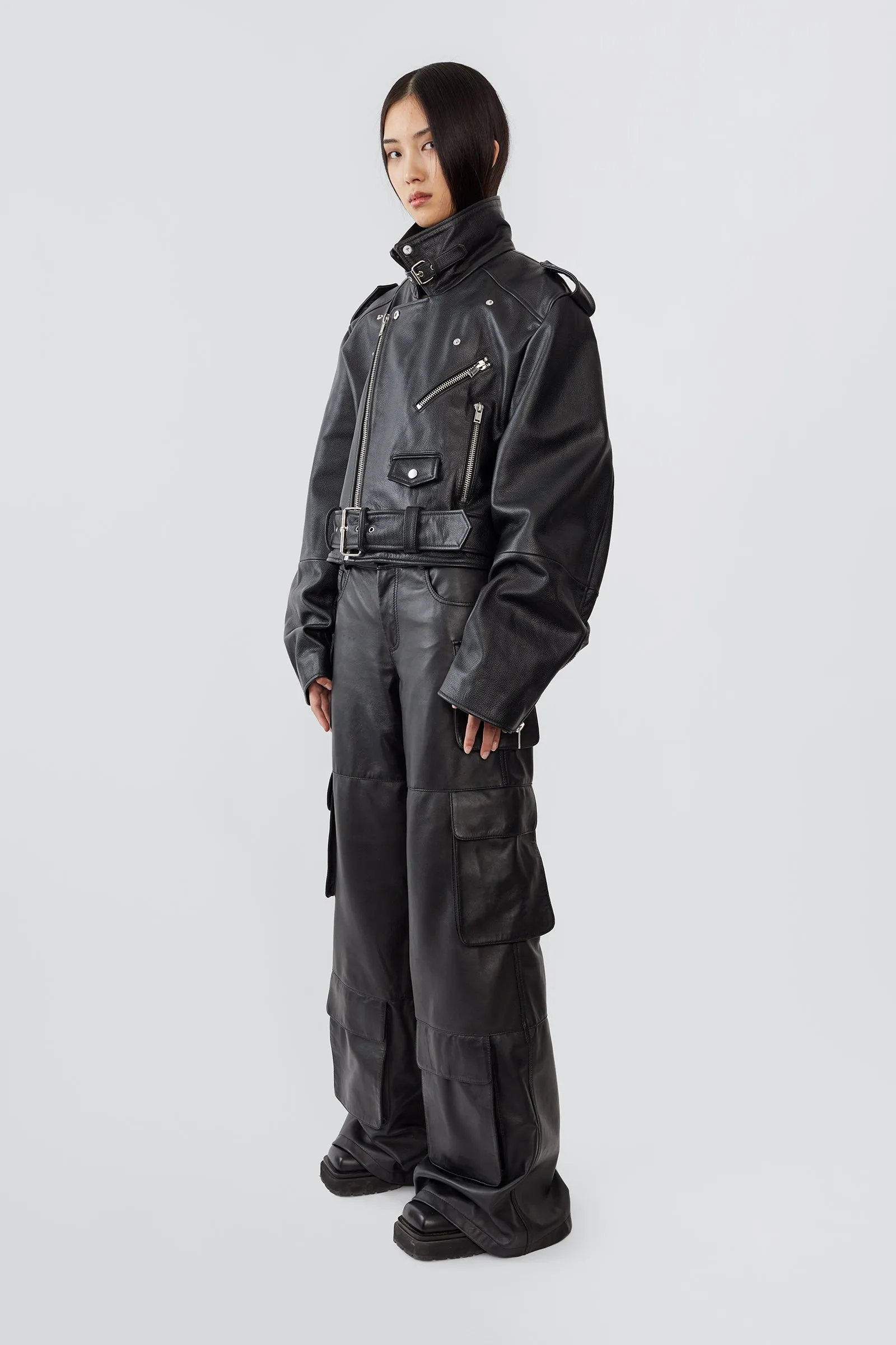 Dormi Oversized Black Leather Biker Jacket sold by Deadwood Studios product image thumbnail 3