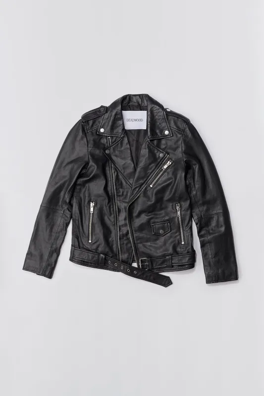 Classic Black Leather Biker Jacket sold by Deadwood Studios