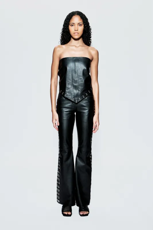 Dali Black Leather Pants Eyelet Detail sold by Deadwood Studios