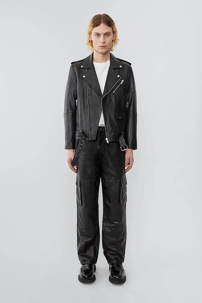 Classic Black Leather Biker Jacket sold by Deadwood Studios