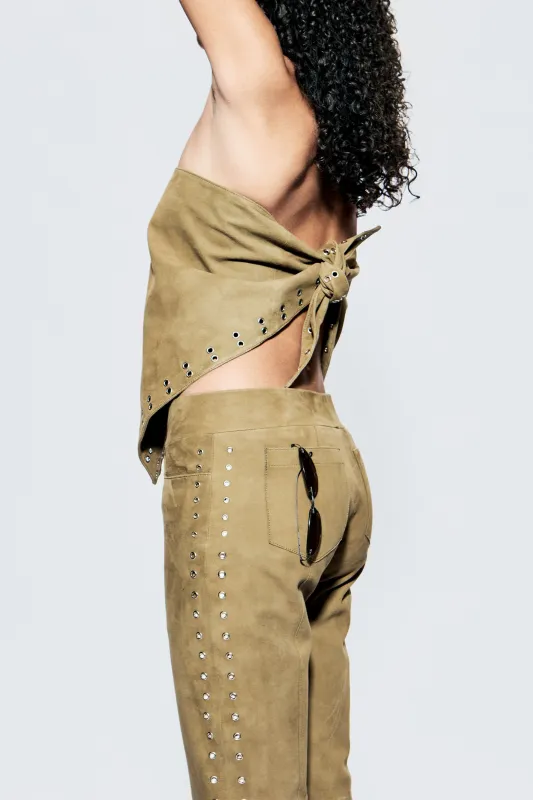 Dali Olive Suede Pants Eyelet Detail sold by Deadwood Studios