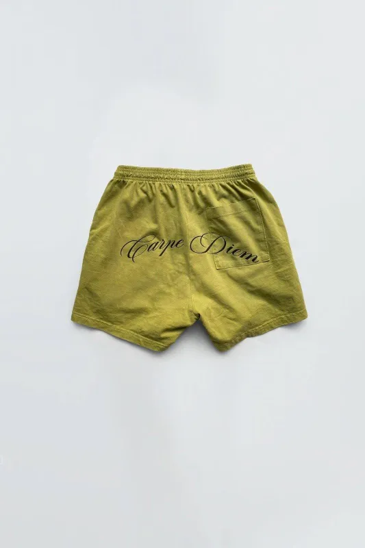 Carpe Diem Olive Cotton Shorts sold by Deadwood Studios