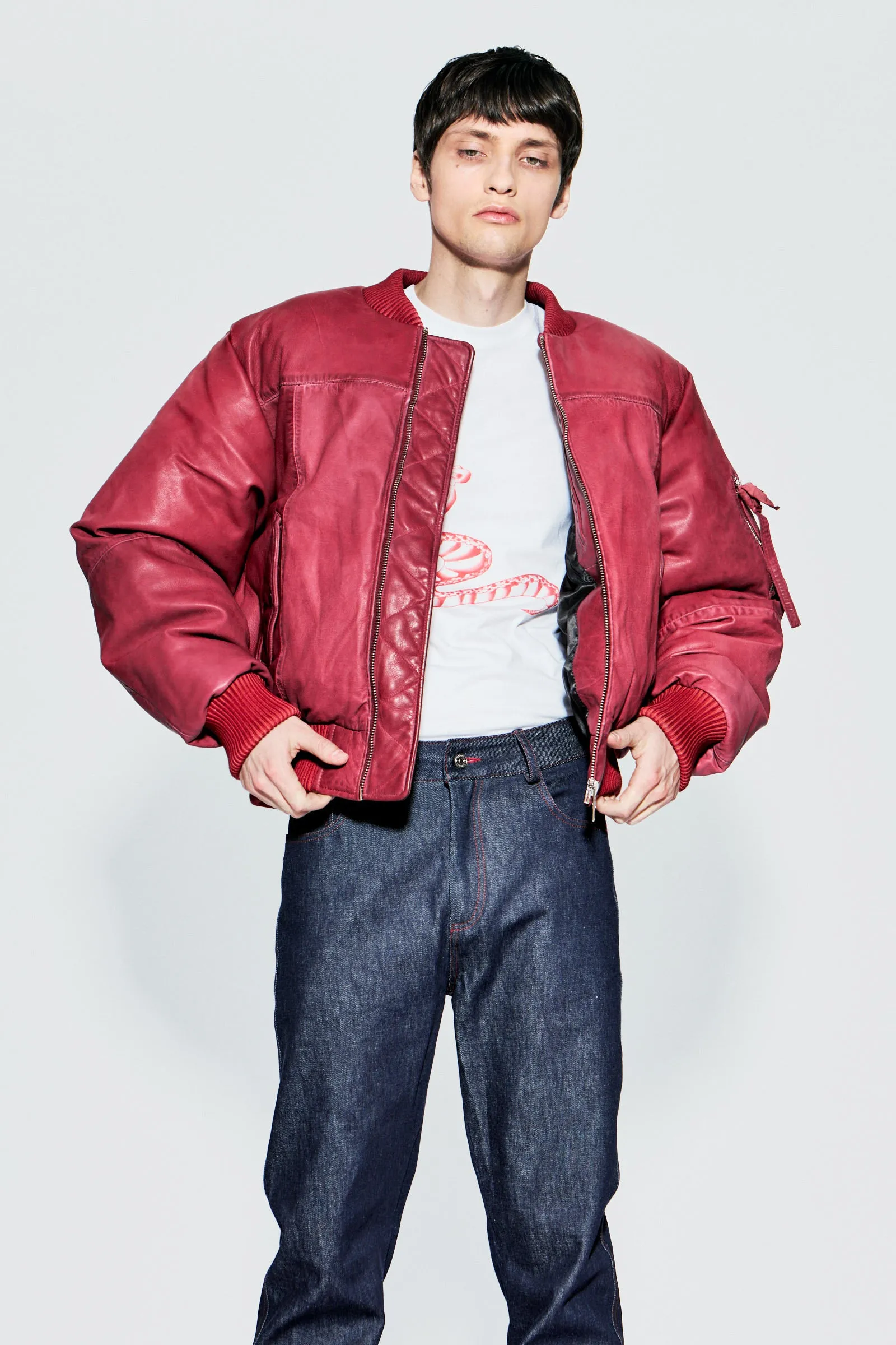Bofinger Red Leather Padded Bomber Jacket sold by Deadwood Studios product image thumbnail 2