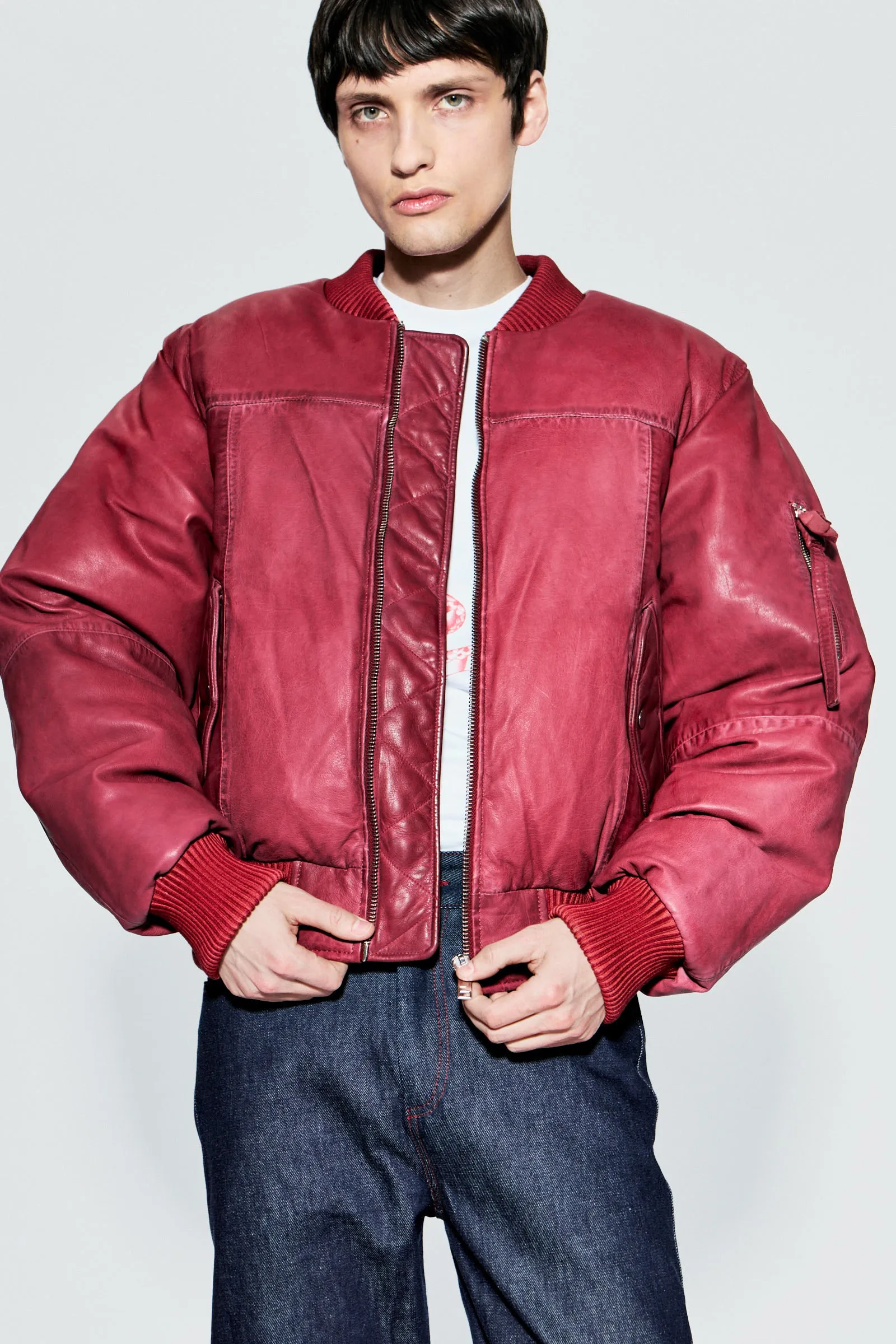 Bofinger Red Leather Padded Bomber Jacket sold by Deadwood Studios product image thumbnail 3