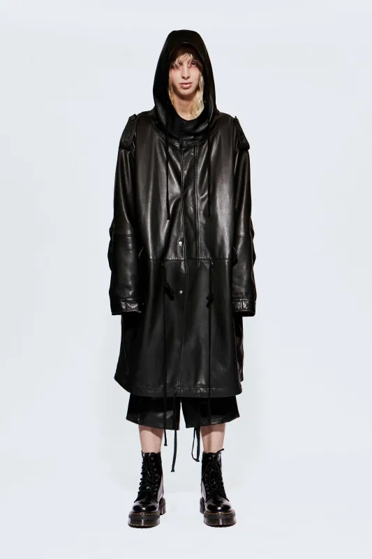 Ellis Black Oversized Leather Parka made by Deadwood Studios