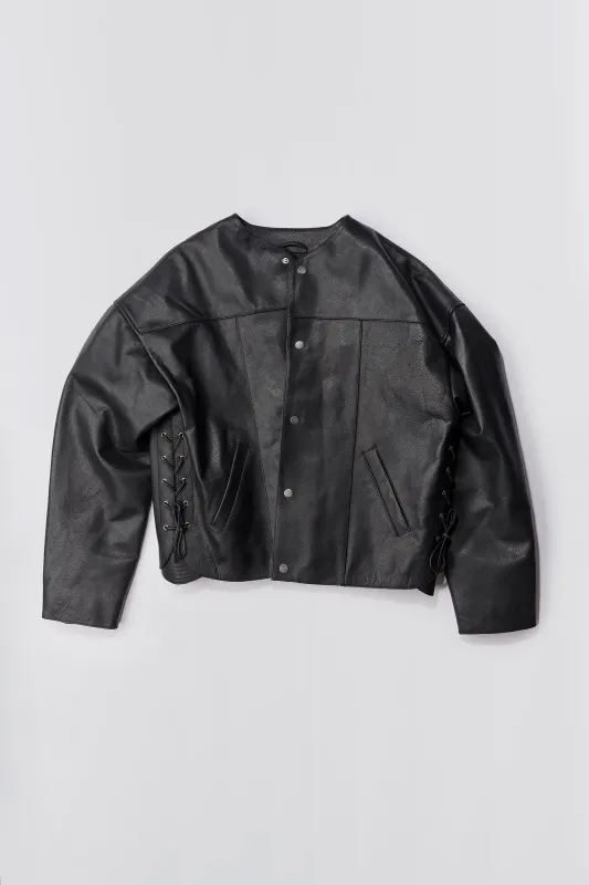 Canoo Black Oversized Leather Jacket made by Deadwood Studios