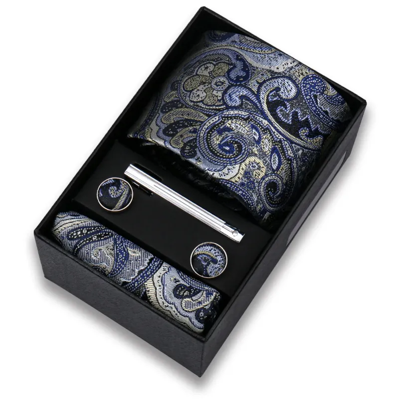 Soissons · conjunto de corbata con estampado paisley azul y platino con pañuelo, gemelos y pasador sold by Barlovento de Biar