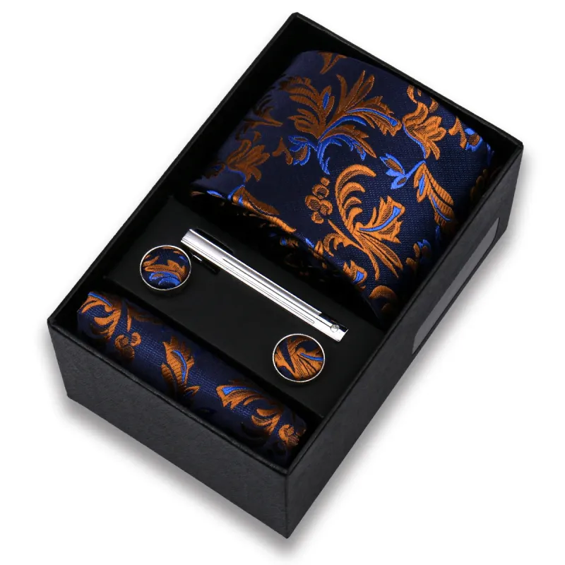 Chambord · conjunto de corbata con estampado paisley azul y naranja con pañuelo, gemelos y pasador sold by Barlovento de Biar