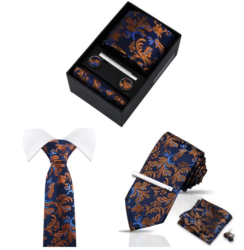 Chambord · conjunto de corbata con estampado paisley azul y naranja con pañuelo, gemelos y pasador sold by Barlovento de Biar product image thumbnail 2