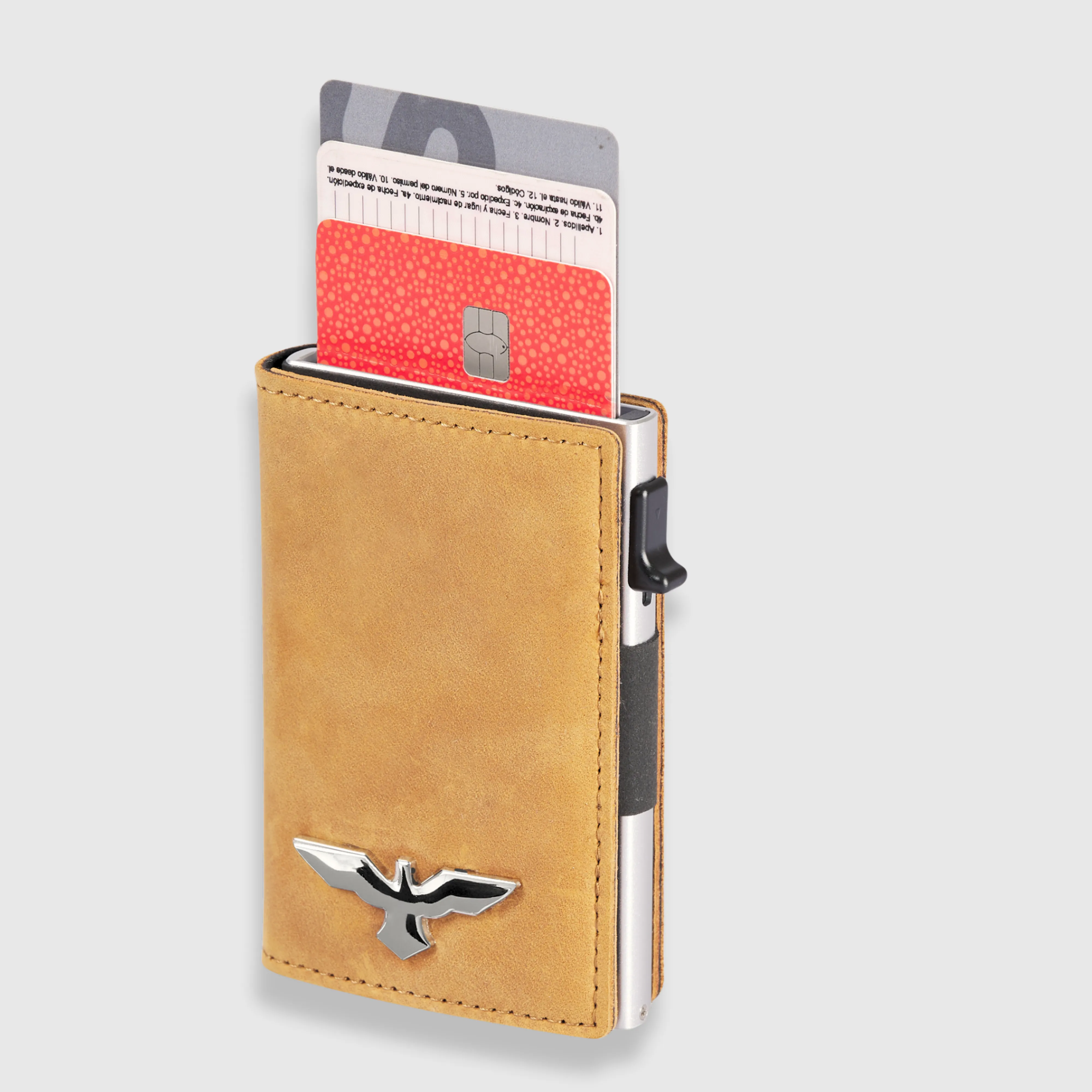 Basel · Tarjetero minimalista de cuero auténtico color ocre con sistema pop-up sold by Barlovento de Biar product image thumbnail 3