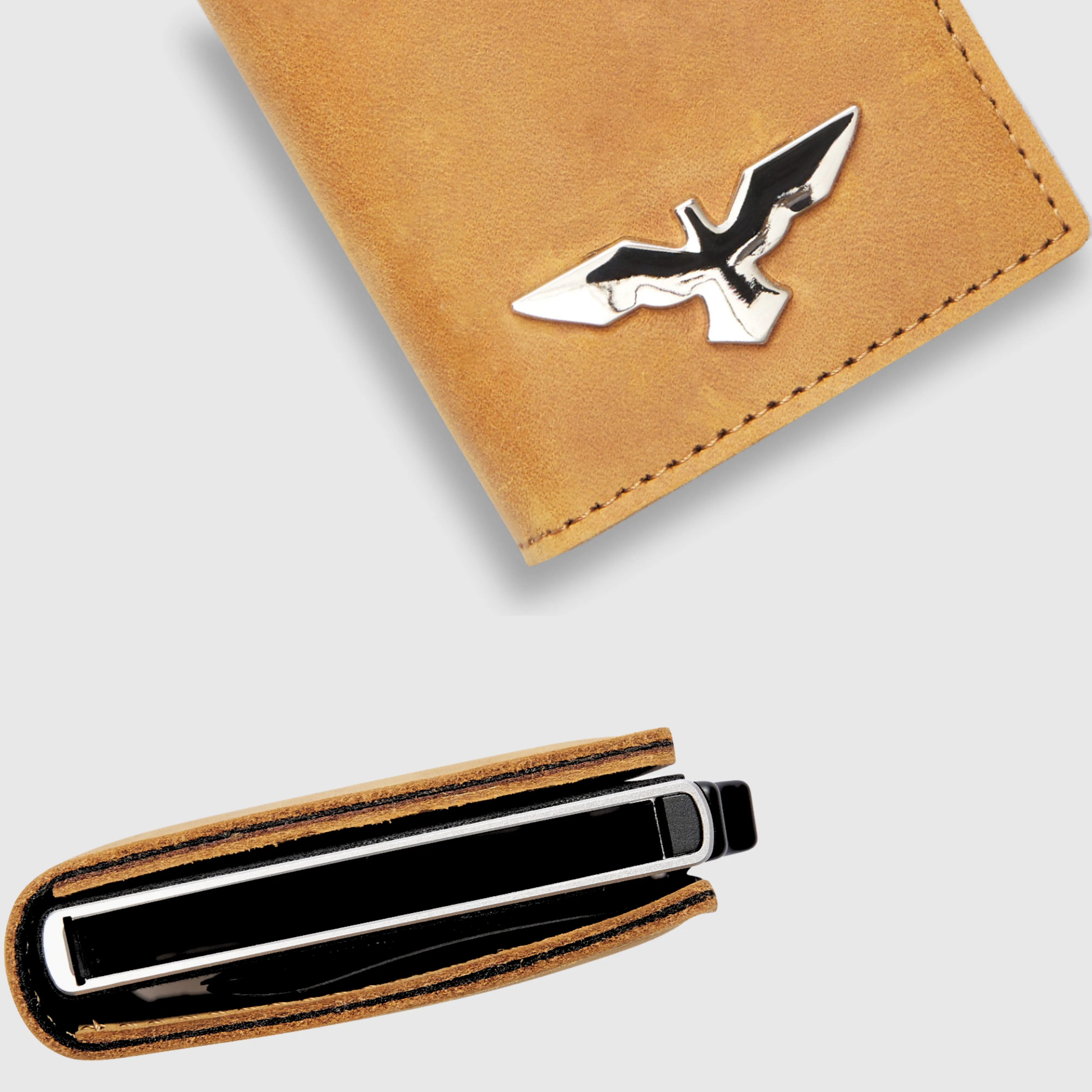 Basel · Tarjetero minimalista de cuero auténtico color ocre con sistema pop-up sold by Barlovento de Biar product image thumbnail 4