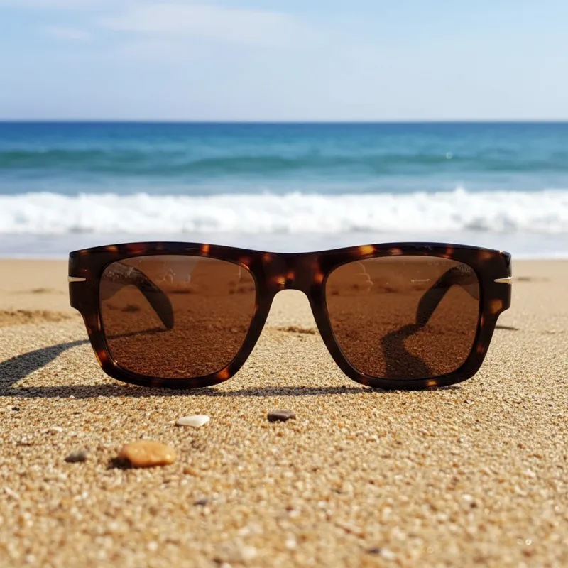 Náufragos · gafas de sol retro premium rojas con forma de llama y lentes marrones sold by Barlovento de Biar