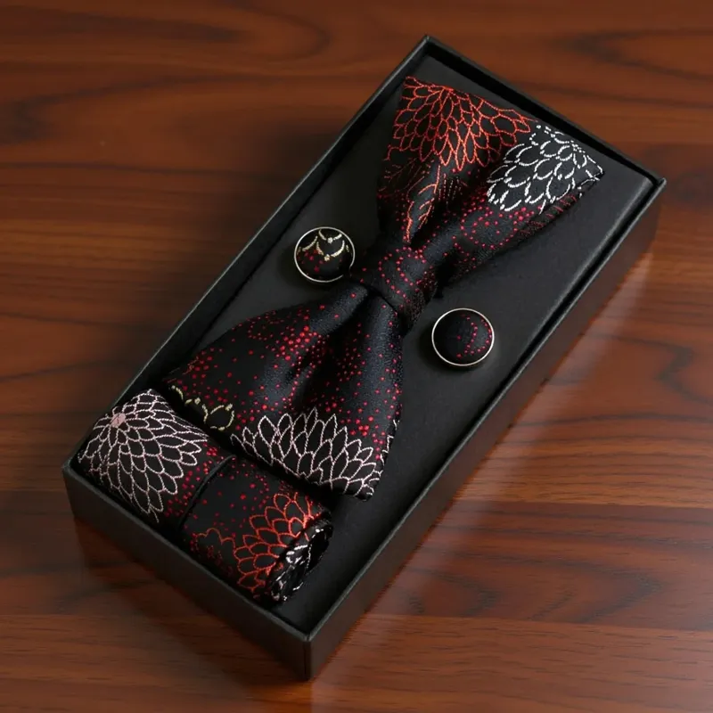 Fénix · conjunto de pajarita negra y roja con flores de plumas made by Barlovento de Biar