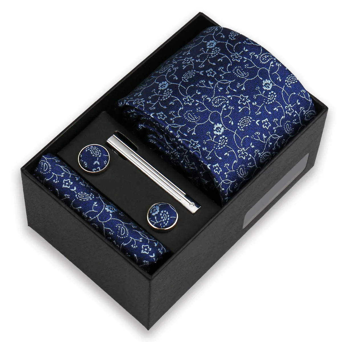Gypsophilas · conjunto de corbata floral azul con pañuelo de bolsillo, gemelos y pasador de corbata sold by Barlovento de Biar product image thumbnail 2