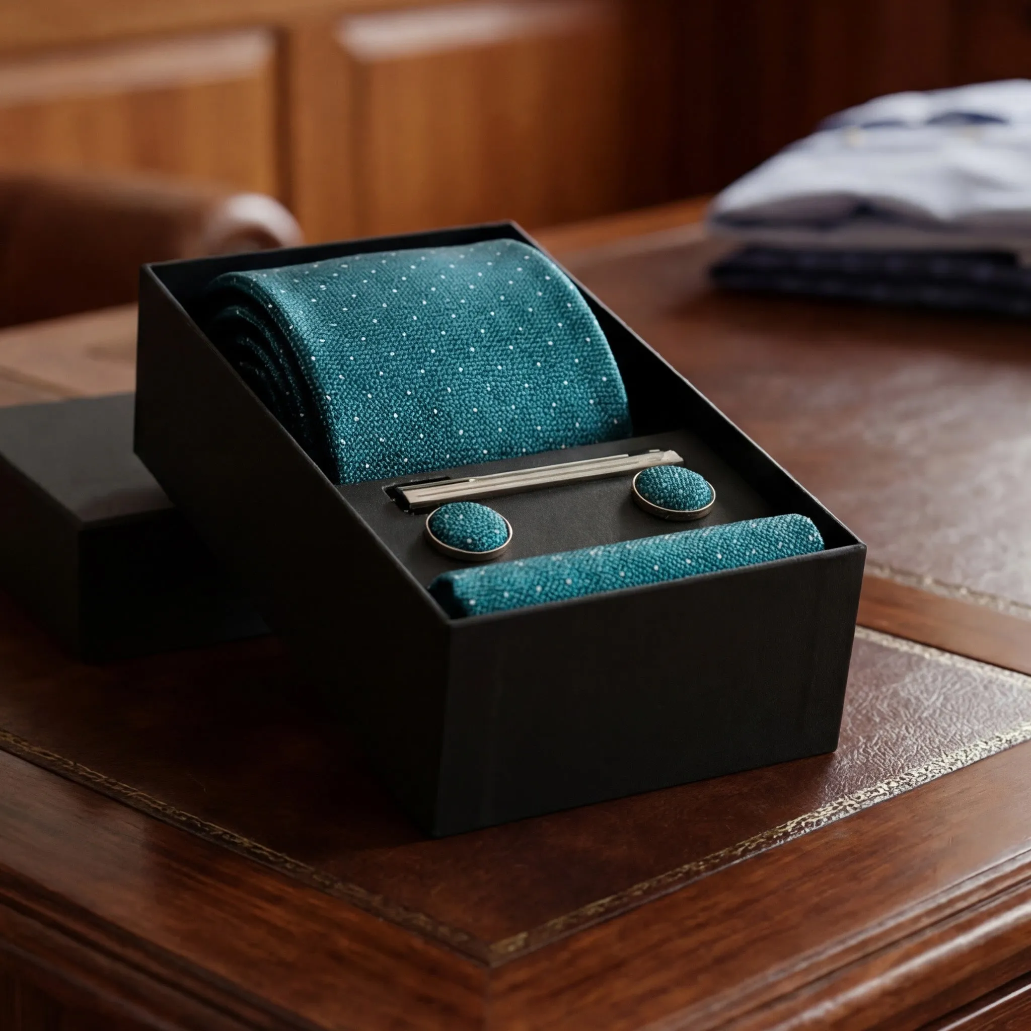 Giugliano · conjunto de corbata verde azulado con pañuelo de bolsillo, gemelos y pasador de corbata sold by Barlovento de Biar product image thumbnail 3