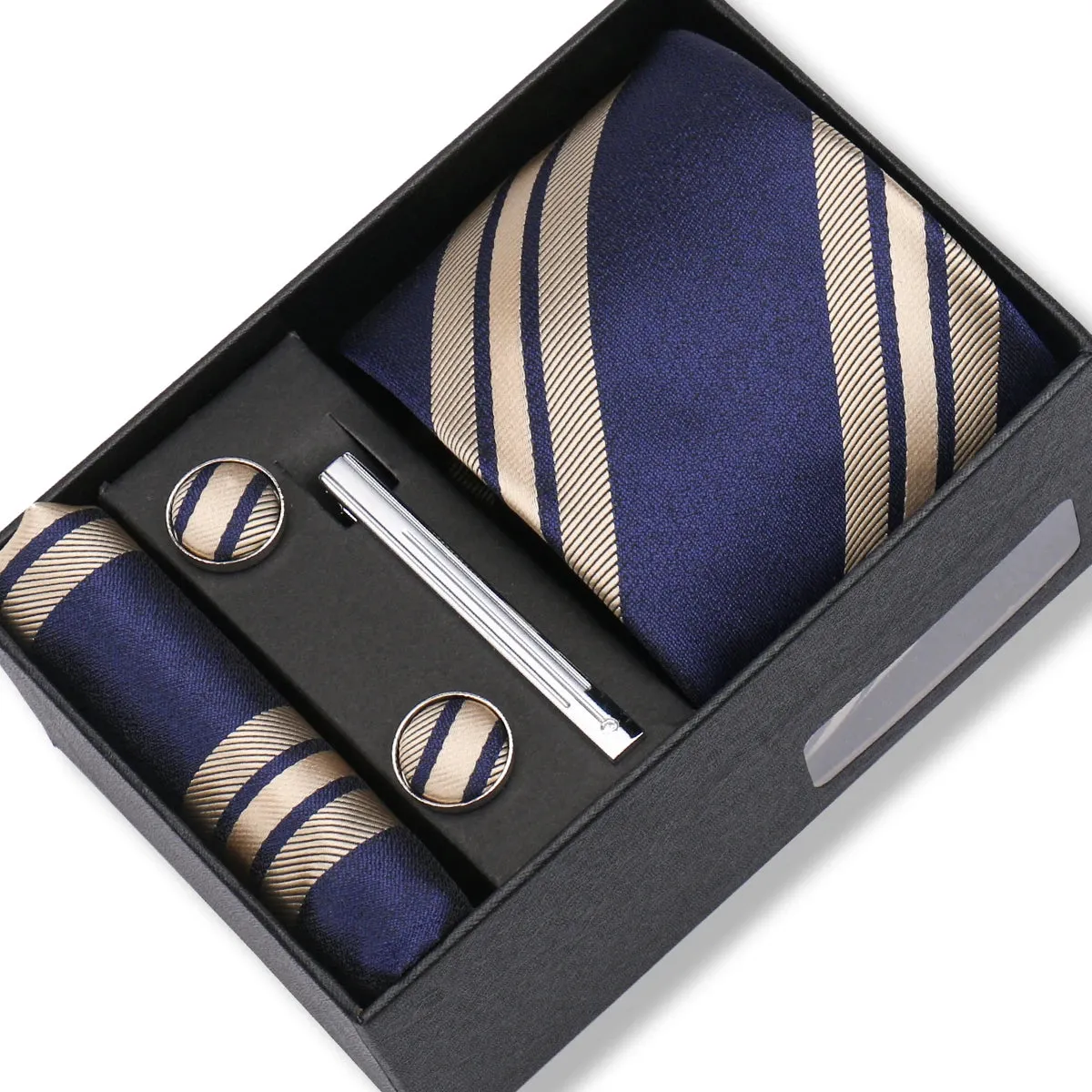 Canterbury · Conjunto de corbata a rayas azules y doradas con pañuelo de bolsillo, gemelos y pasador de corbata sold by Barlovento de Biar product image thumbnail 2