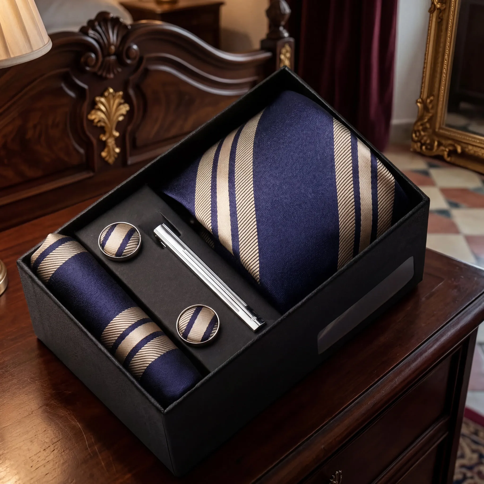 Canterbury · Conjunto de corbata a rayas azules y doradas con pañuelo de bolsillo, gemelos y pasador de corbata sold by Barlovento de Biar