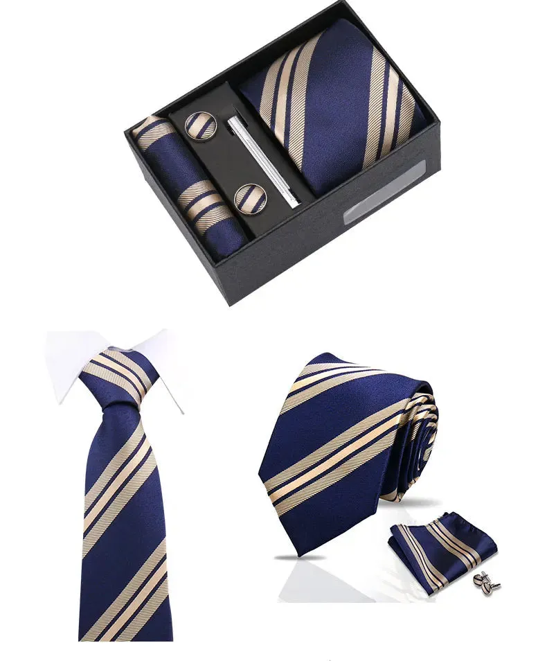 Canterbury · Conjunto de corbata a rayas azules y doradas con pañuelo de bolsillo, gemelos y pasador de corbata sold by Barlovento de Biar product image thumbnail 3