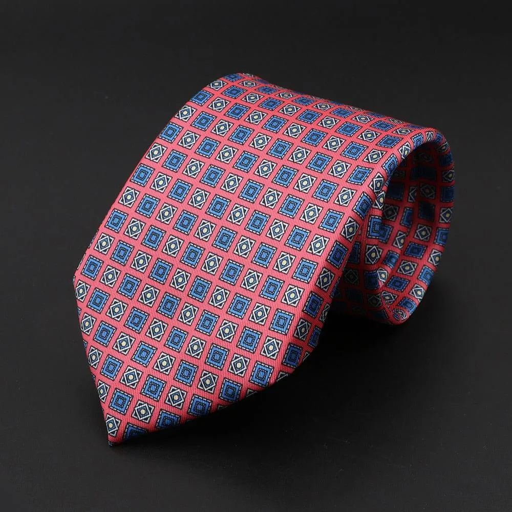 Urbino · corbata estilo italiano rojo coral con detalles en azul cobalto, celeste y crema sold by Barlovento de Biar