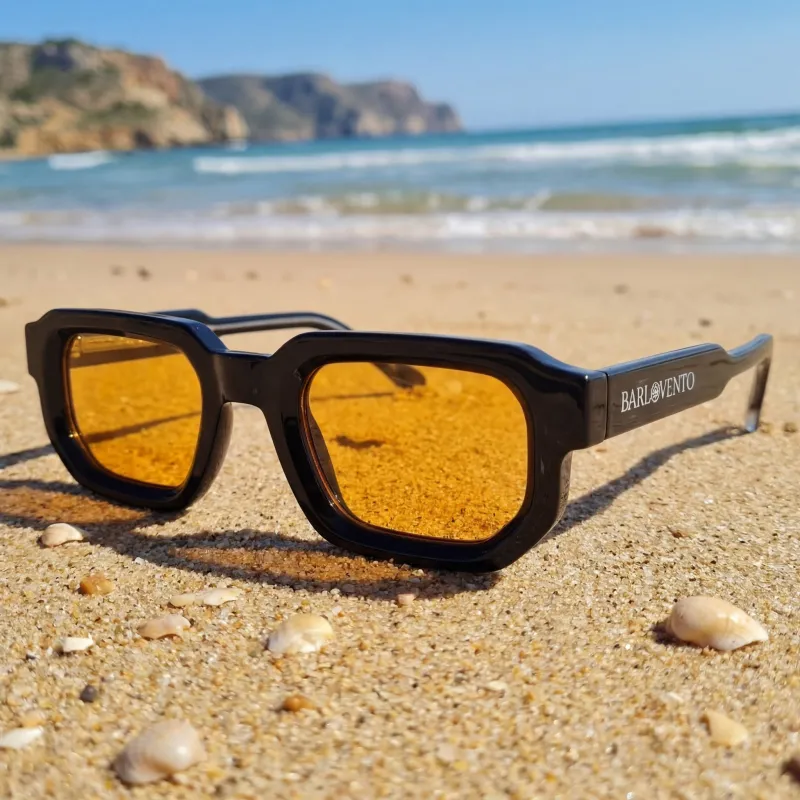 Médano · gafas de sol negras llamativas con lentes naranjas made by Barlovento de Biar