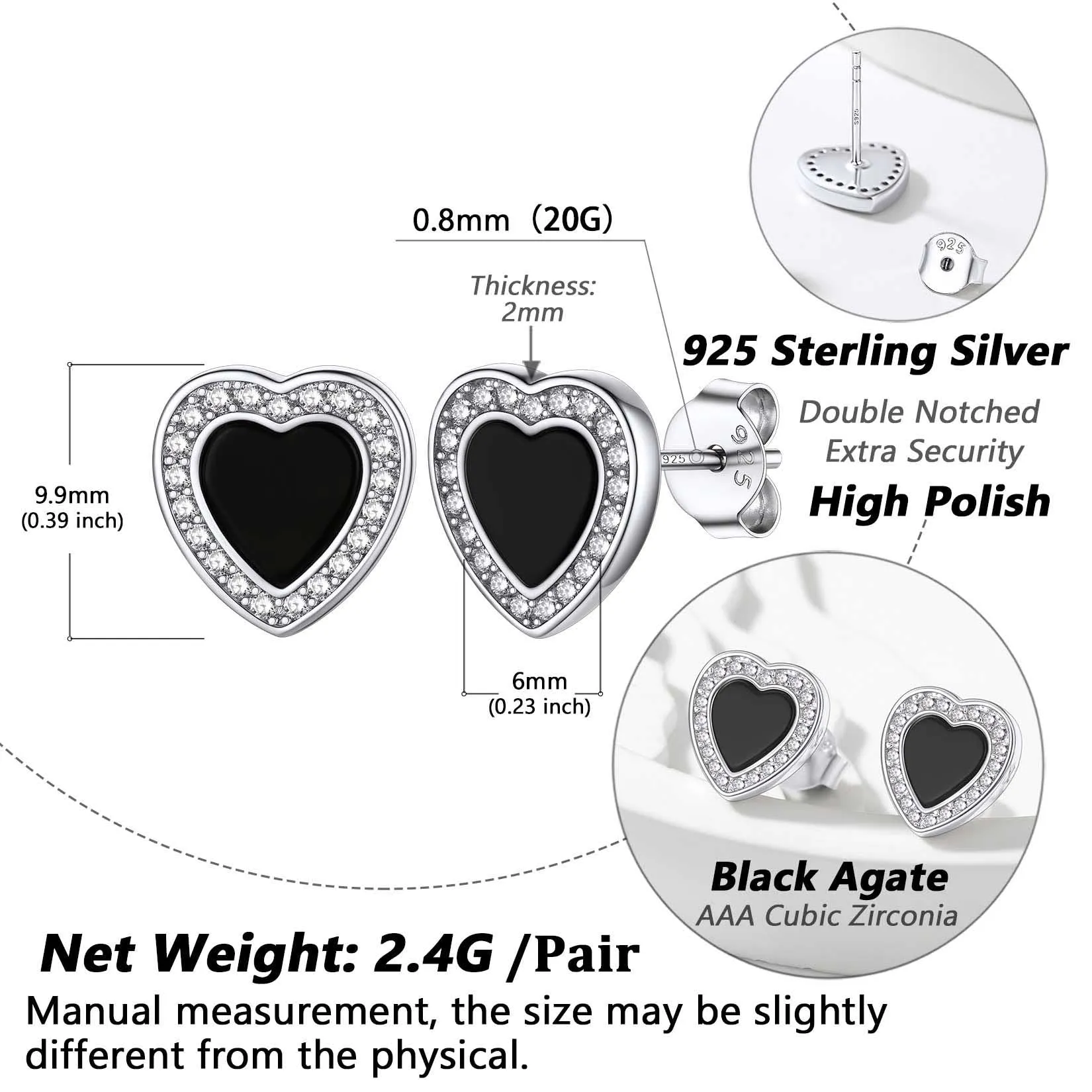 Flash Sale Sterling Silver Heart-shaped Black Onyx Stud Earrings for Men Women sold by FaithHeart product image thumbnail 5