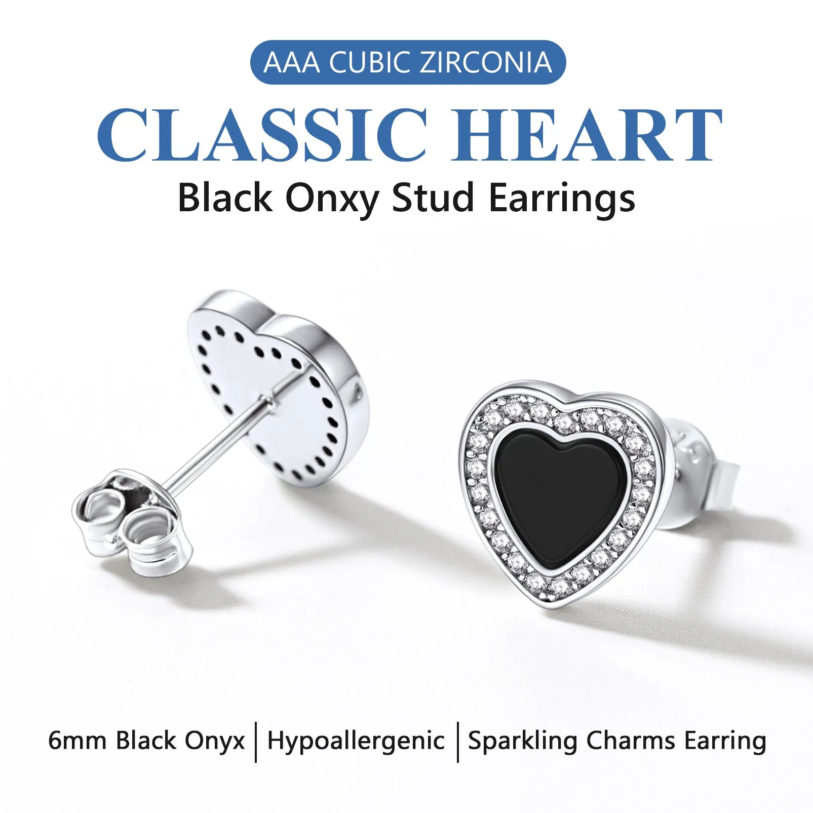 Flash Sale Sterling Silver Heart-shaped Black Onyx Stud Earrings for Men Women sold by FaithHeart product image thumbnail 3