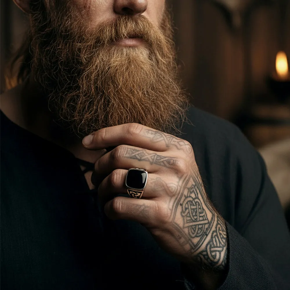 Viking Black Onyx Celtic Knot Signet Square Ring for Men sold by FaithHeart product image thumbnail 2