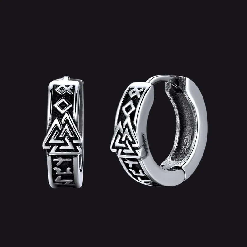 Viking Valknut Hoop Earrings with Rune for Men Stainless Steel sold by FaithHeart