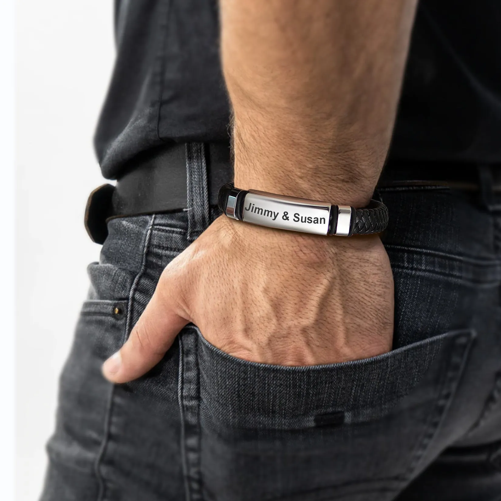 Custom Braided Black Leather Bracelet Birthday Gift for Men sold by FaithHeart product image thumbnail 2