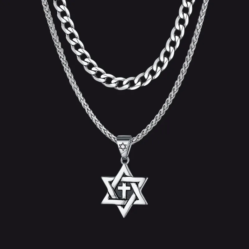 Curb Chain & Star of David With Cross Layered Necklaces Set for Men sold by FaithHeart