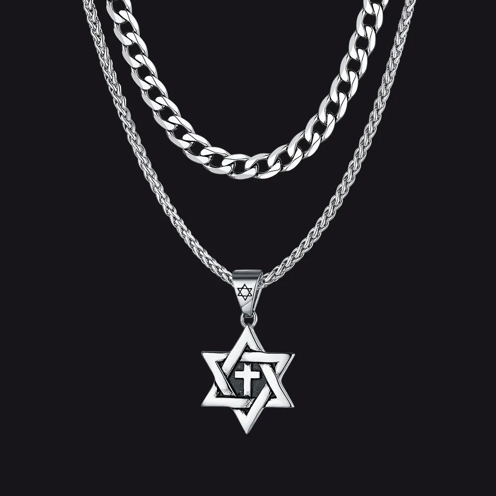 Curb Chain & Star of David With Cross Layered Necklaces Set for Men sold by FaithHeart