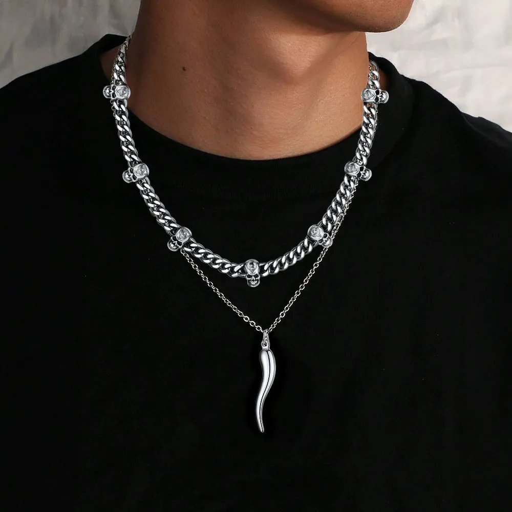 Gothic Skull Cuban Chain & Cornicello Italian Horn Layered Pendant Set for Men sold by FaithHeart product image thumbnail 2