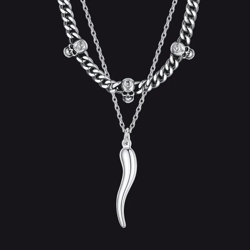 Gothic Skull Cuban Chain & Cornicello Italian Horn Layered Pendant Set for Men sold by FaithHeart