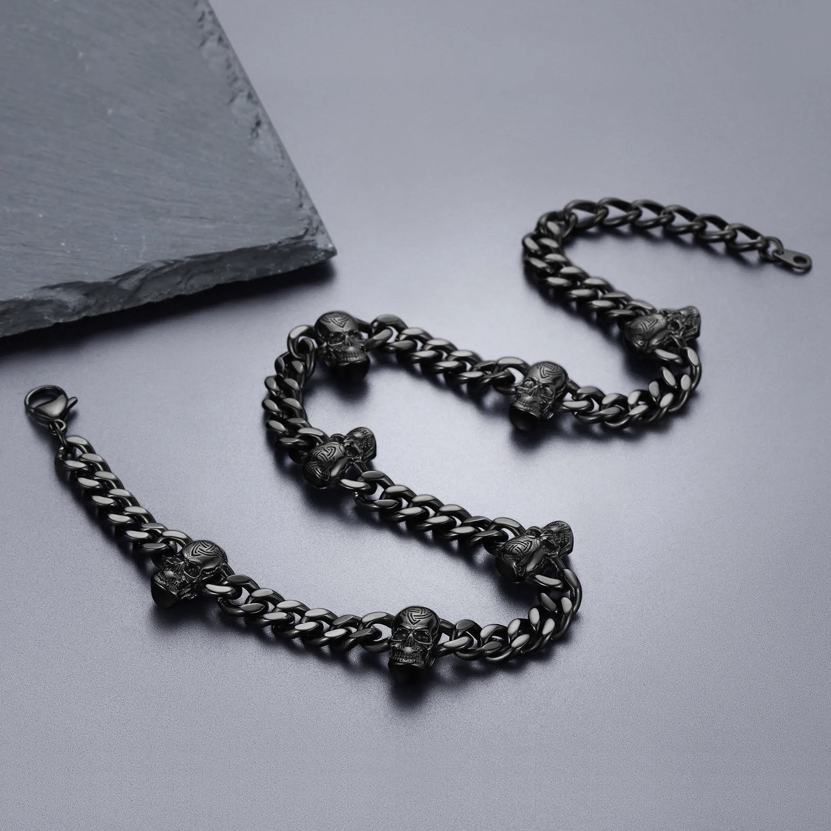 Gothic Skull Cuban Chain & Cornicello Italian Horn Layered Pendant Set for Men sold by FaithHeart product image thumbnail 5