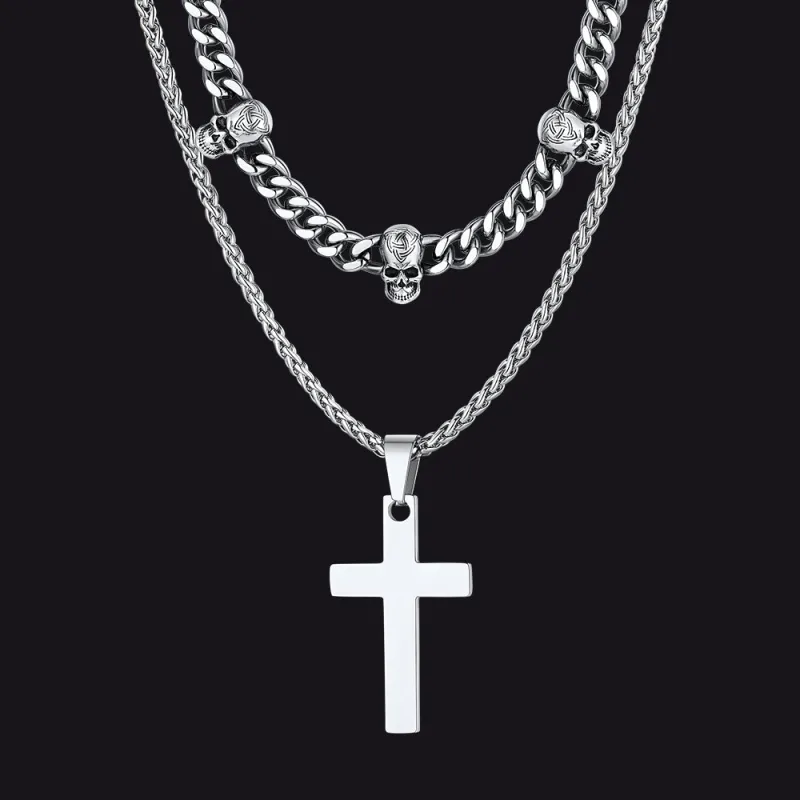 Gothic Skull Cuban Chain  & Cross Layered Pendant Set for Men sold by FaithHeart