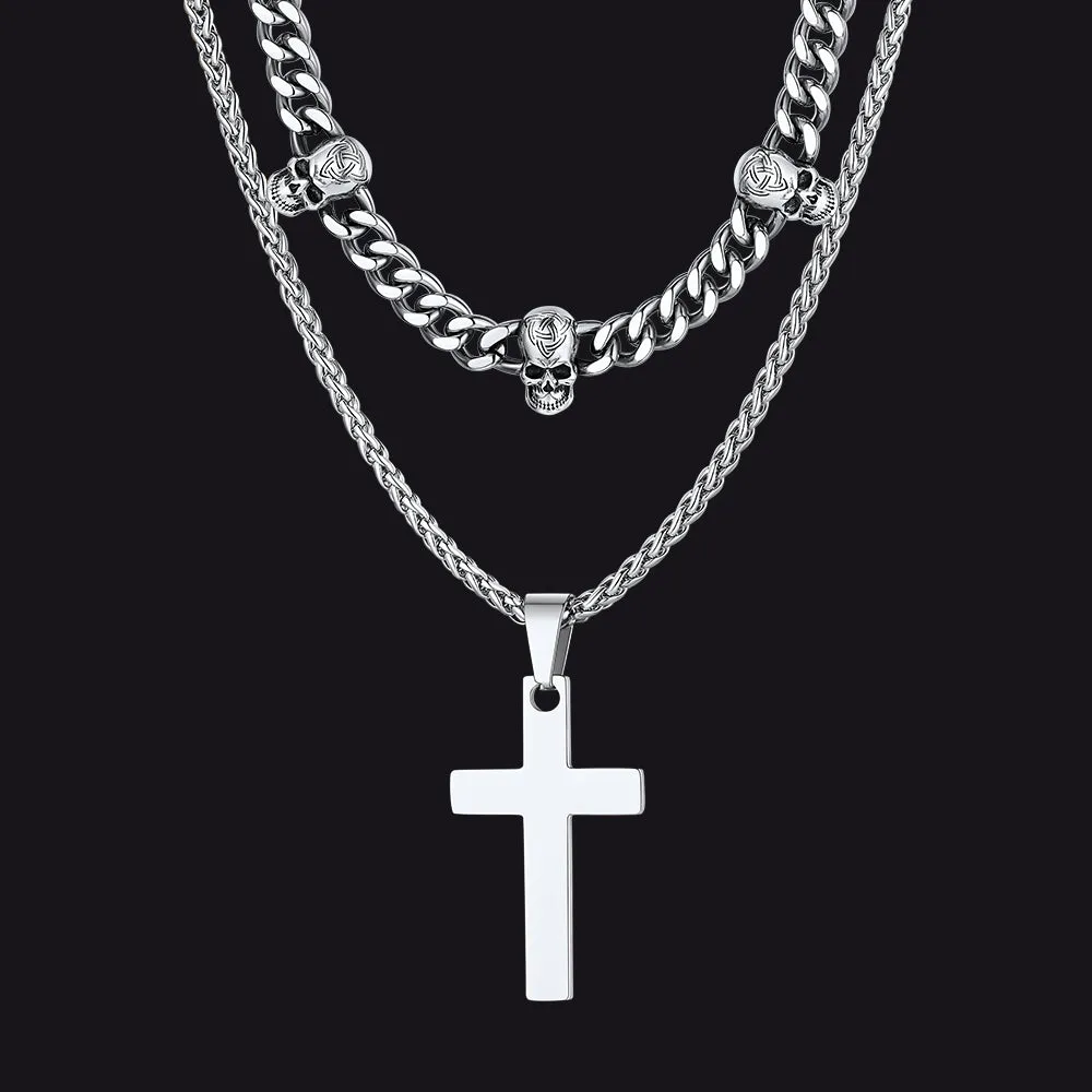 Gothic Skull Cuban Chain & Cross Layered Pendant Set for Men sold by FaithHeart