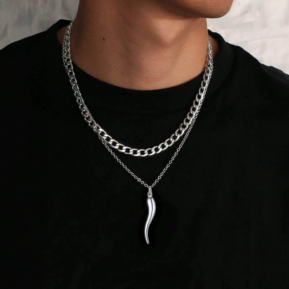 Cuban Chain & Italian Horn Layered Necklaces Set for Men sold by FaithHeart product image thumbnail 2