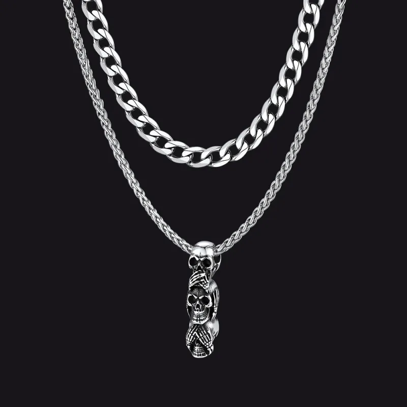 Cuban Curb Chain & Skull Layered Necklaces Set for Men sold by FaithHeart