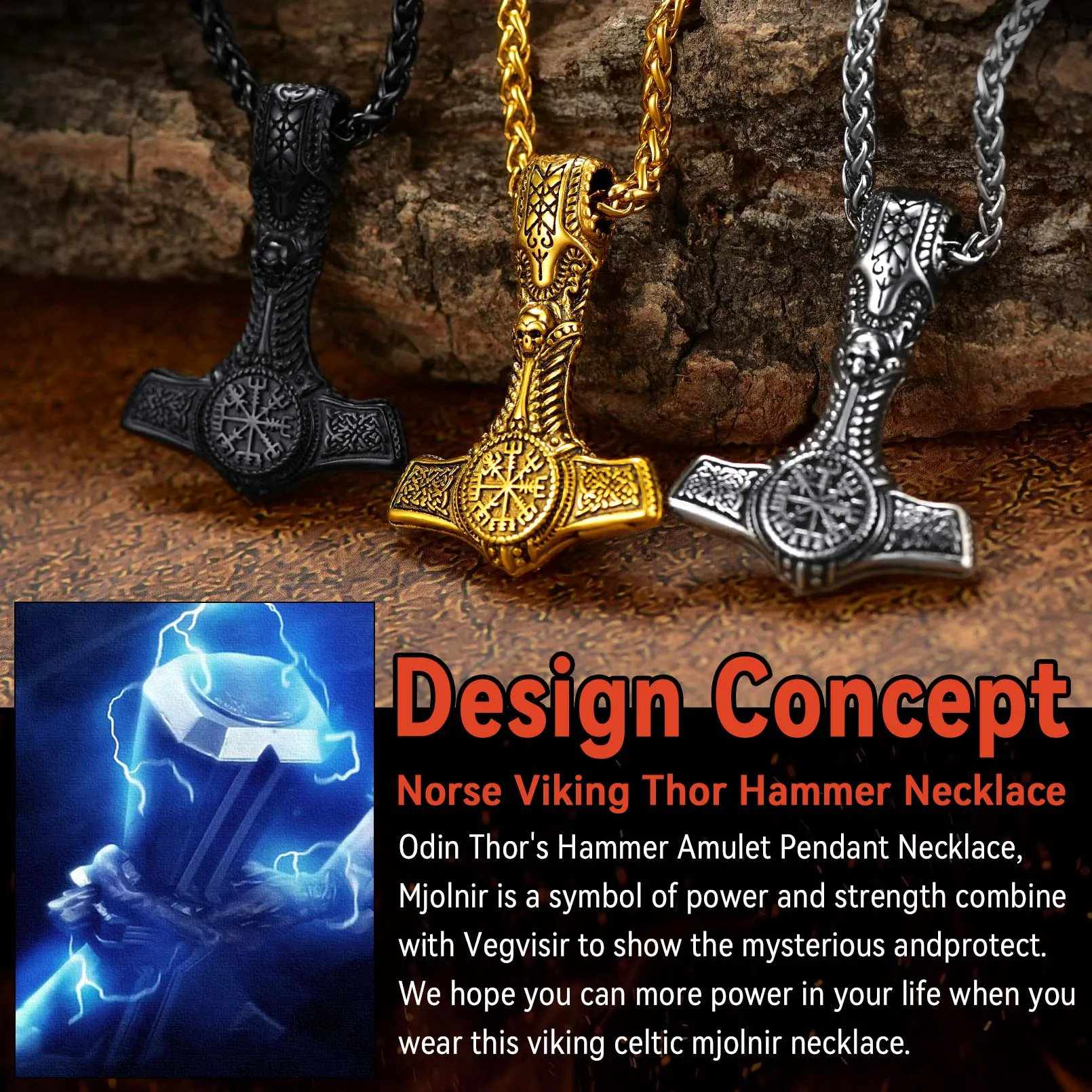 Cuban Curb Chain & Thor's Hammer Layered Necklaces Set for Men sold by FaithHeart product image thumbnail 3