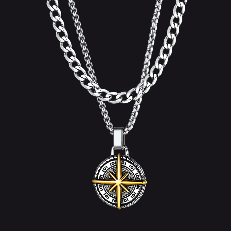Cuban Curb Chain & Polaris Compass Pendant Layered Necklaces Set for Men sold by FaithHeart