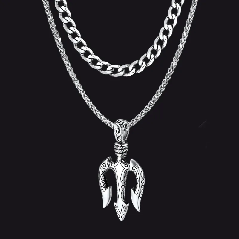 Poseidon Trident & Curb Chain Layered Necklaces Set for Men sold by FaithHeart