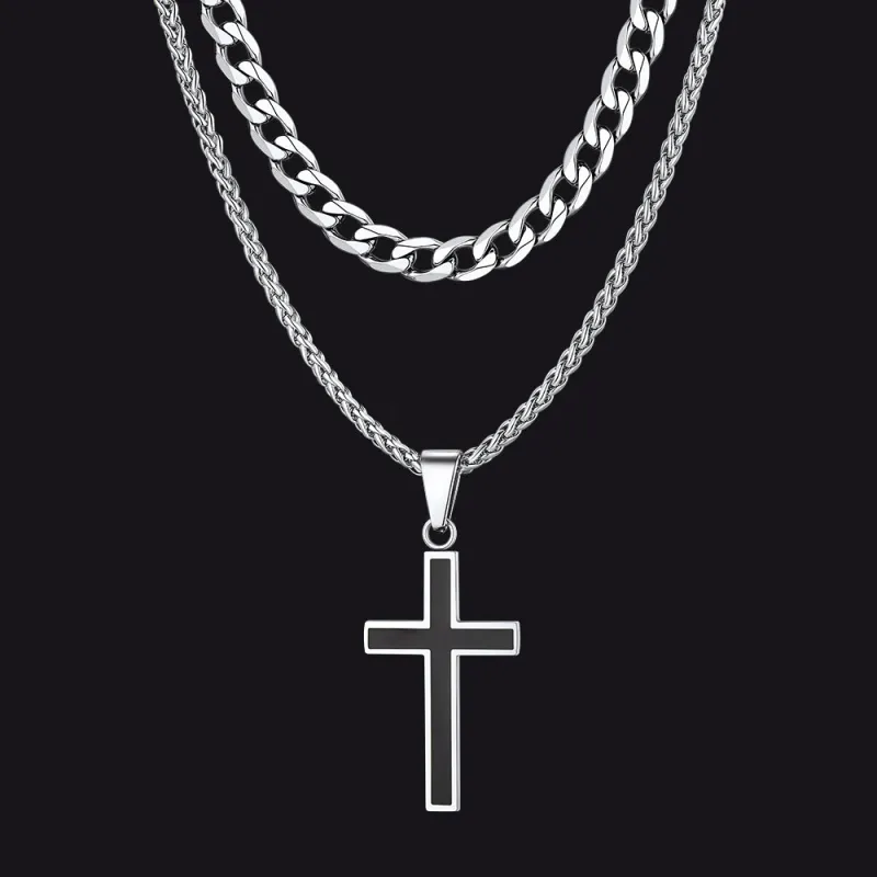 Cuban Curb Chain & Enamel Cross Layered Necklaces Set for Men sold by FaithHeart